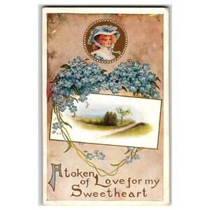 Vintage Valentine Postcard Blue Flowers & Lady Portrait Scenic View